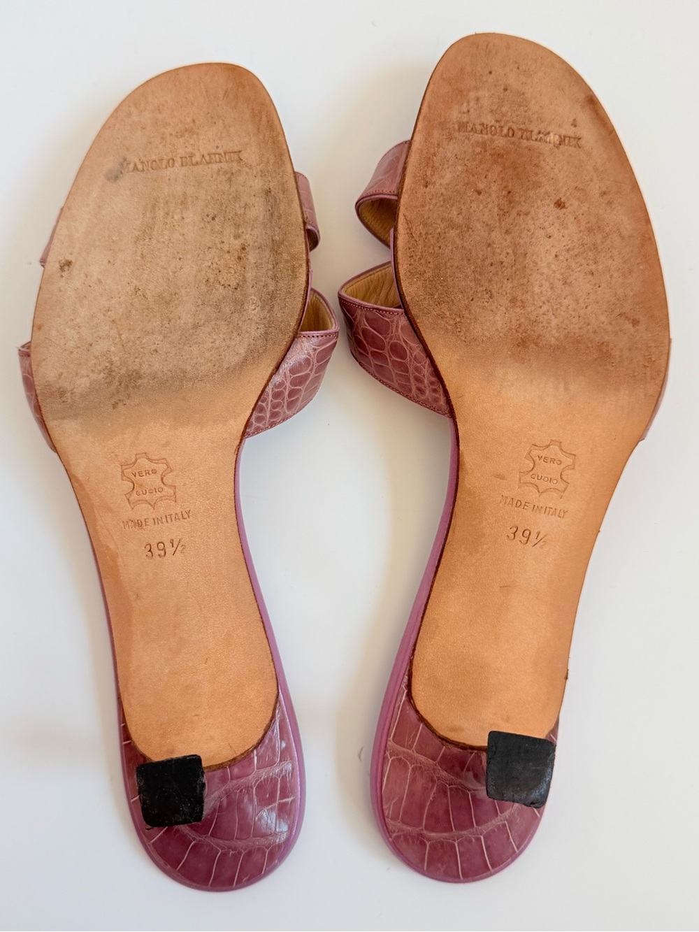Manolo Blahnik Callamu Lilac Pink Crocodile Leather Crisscross Mules Heel 39.5 - Picture 8 of 8